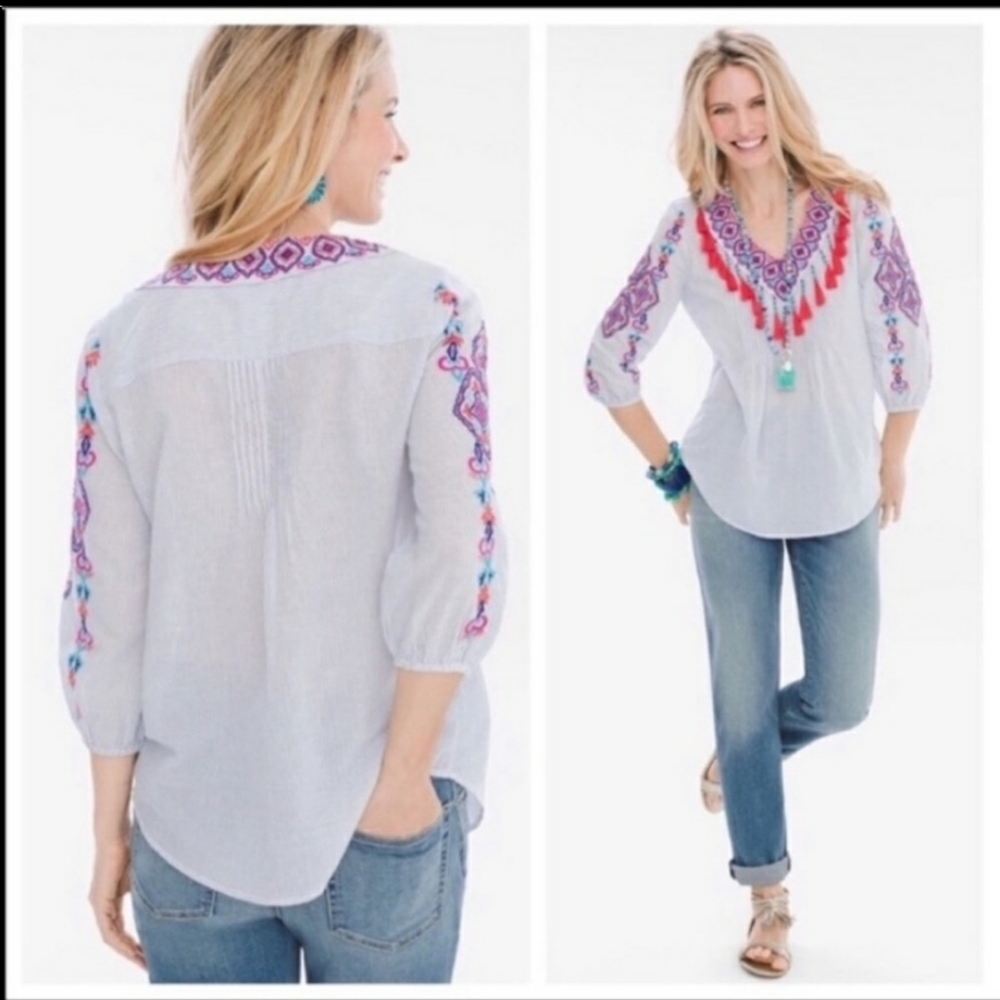Chicos 2p blue stripe embroidered top tassles L
